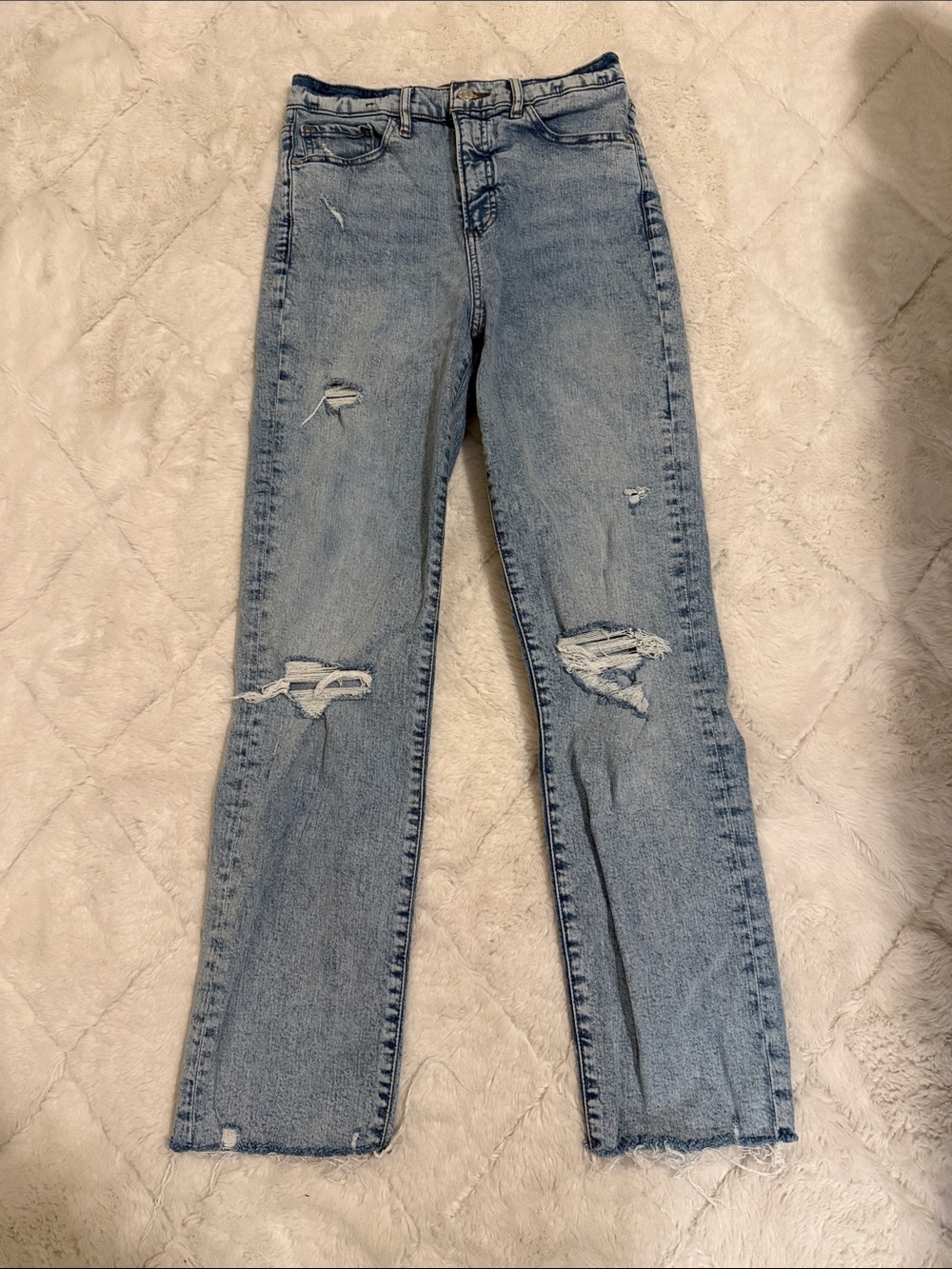 Express Light Blue Distressed Straight Leg Jeans